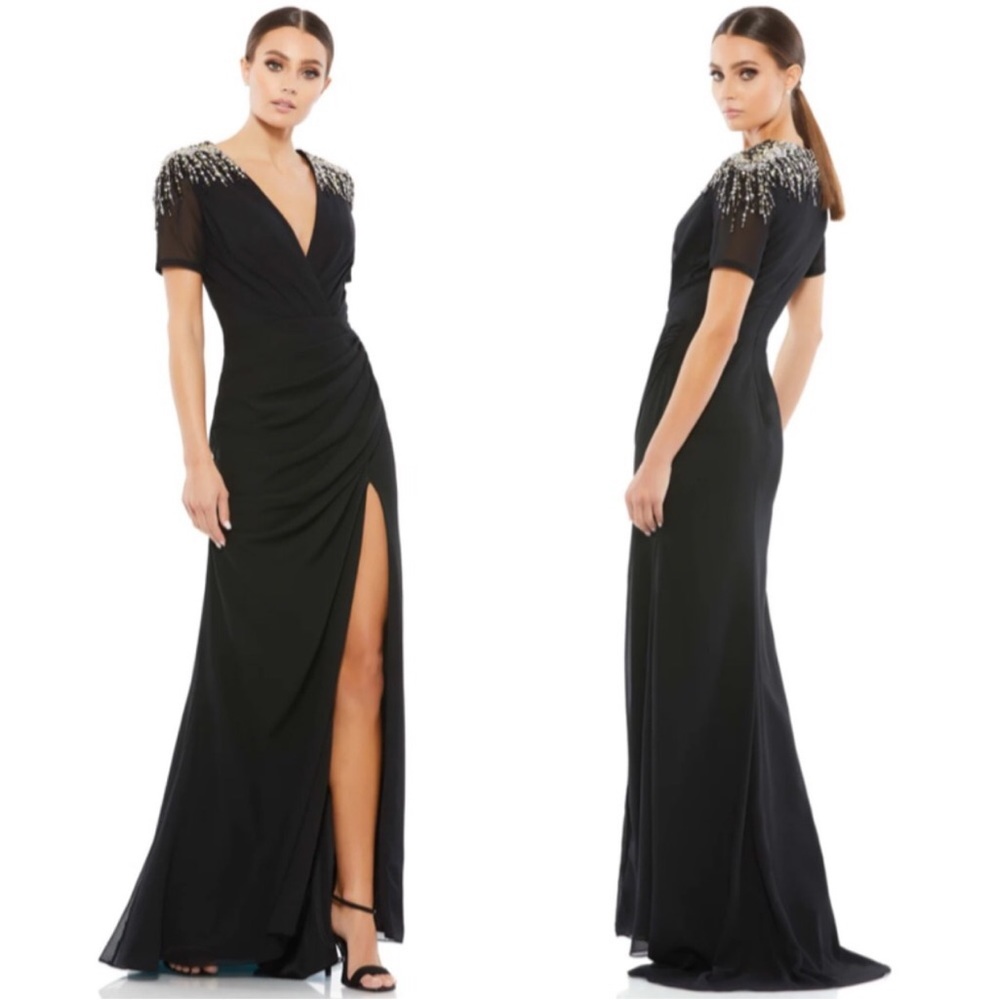 Mac Duggal sequin/beads embellished shoulder, chiffon gown sz16, new, no defects